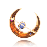 14K Victorian Sapphire, Ruby & Pearl Crescent Brooch