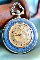 14K Swiss Victorian Longines Diamond Monogram ESH & Floral Blue Guilloche Enamel Pocket Watch