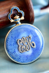 14K Swiss Victorian Longines Diamond Monogram ESH & Floral Blue Guilloche Enamel Pocket Watch