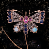 14K & Silver Victorian Diamond, Sapphire, Ruby & Opal Butterly Brooch-Pendant