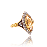 18K & Silver European Victorian Diamond & Topaz Floral Navette Ring