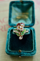 18K & Platinum French Victorian/Edwardian Art Nouveau Belle Epoque Diamond Plique A Jour Enamel Pansy Ring