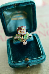 18K & Platinum French Victorian/Edwardian Art Nouveau Belle Epoque Diamond Plique A Jour Enamel Pansy Ring