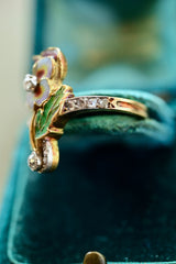 18K & Platinum French Victorian/Edwardian Art Nouveau Belle Epoque Diamond Plique A Jour Enamel Pansy Ring