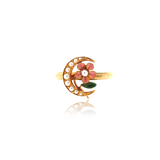 9K Victorian Pink Enamel & Pearl Flower Crescent Ring