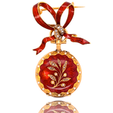 18K French Victorian Floral Diamond & Pearl Red Enamel Pocket Watch & Bow Brooch