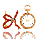 18K French Victorian Floral Diamond & Pearl Red Enamel Pocket Watch & Bow Brooch