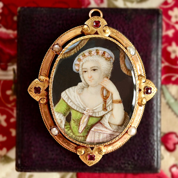 18K Victorian Garnet & Pearl Renaissance Portrait Pendant