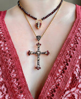18K & Silver French Victorian Diamond & Ruby Cross Pendant