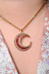 15K Victorian Ruby & Pearl Crescent Pendant