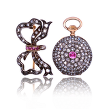 18K & Silver French Victorian Diamond & Ruby Pocket Watch with Bow Brooch