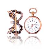 18K & Silver French Victorian Diamond & Ruby Pocket Watch with Bow Brooch
