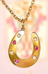 14K Victorian Diamond & Ruby Horseshoe Pendant