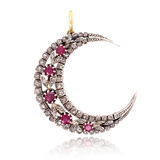 18K & Silver Victorian Diamond & Ruby Floral Crescent Pendant