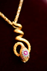18K French Victorian Diamond & Ruby Snake Slider Pendant