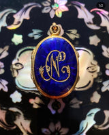 18K French Victorian Blue Guilloche Enamel Monogram CN/NC Locket