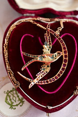 18K European Victorian Ruby & Emerald Swallow Crescent Pendant