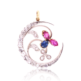 18K Victorian Diamond, Ruby & Sapphire Floral Crescent Pendant