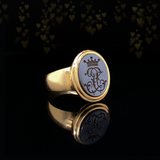 18K French Victorian Onyx Intaglio Viscount/Viscountess Monogram JL/LJ Locket Ring