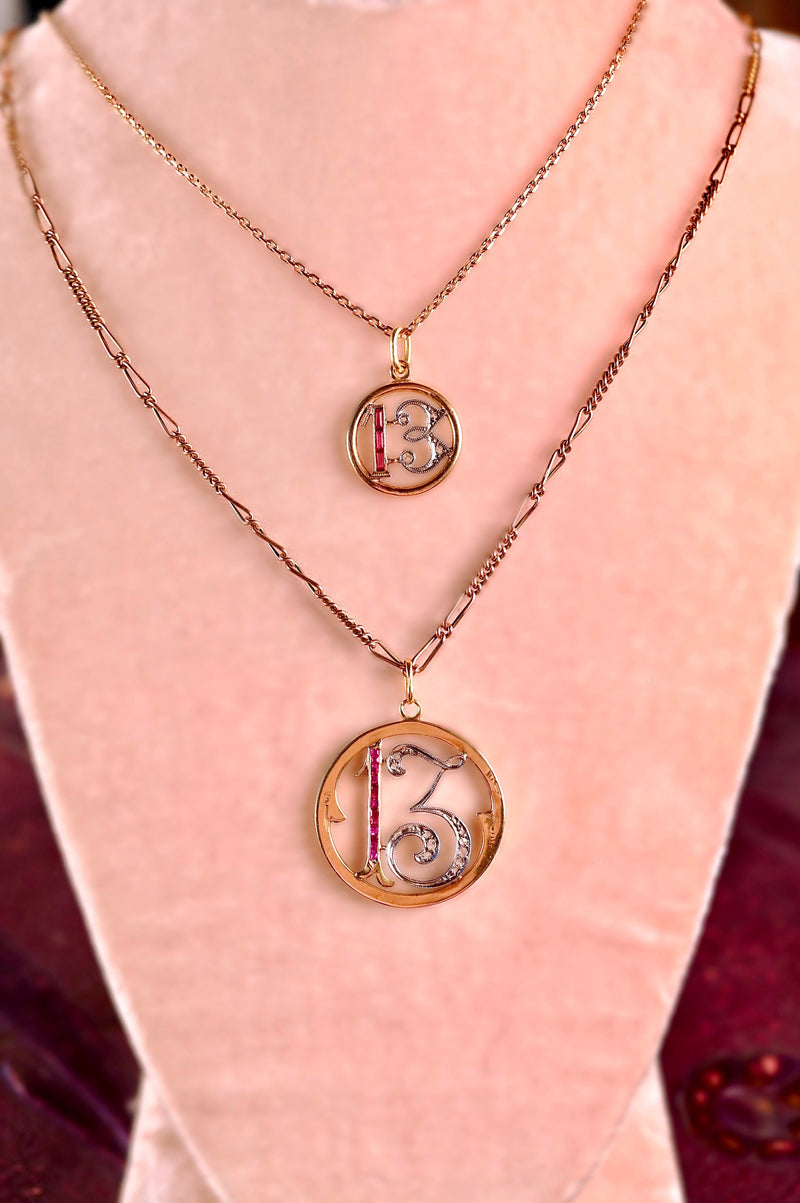 Sold on Layaway | 14K Dutch Victorian/Art Deco Diamond & Ruby "13" Pendant