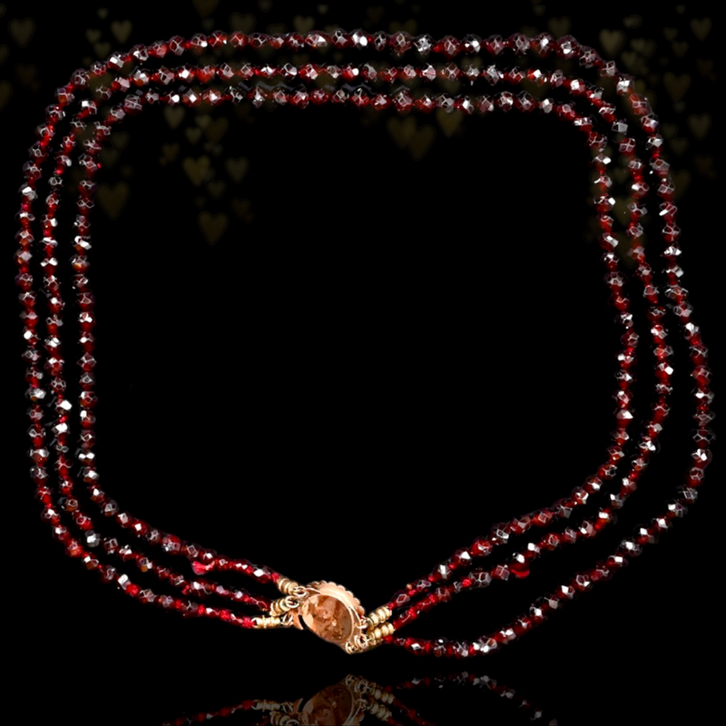 14K Dutch Victorian Three Strand Faceted Beaded Garnet Necklace with Filigree Clasp 15.5" to 18.5"