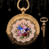 18K Swiss Victorian Flower Bouquet Guilloche Enamel Pocket Watch with Winding Key