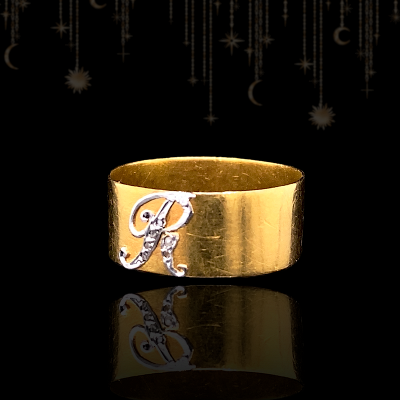 18K French Victorian Diamond Initial R Ring