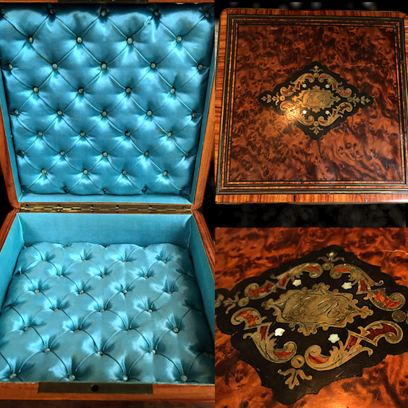 French Victorian Inlaid Tufted Silk Box (Sky Blue)