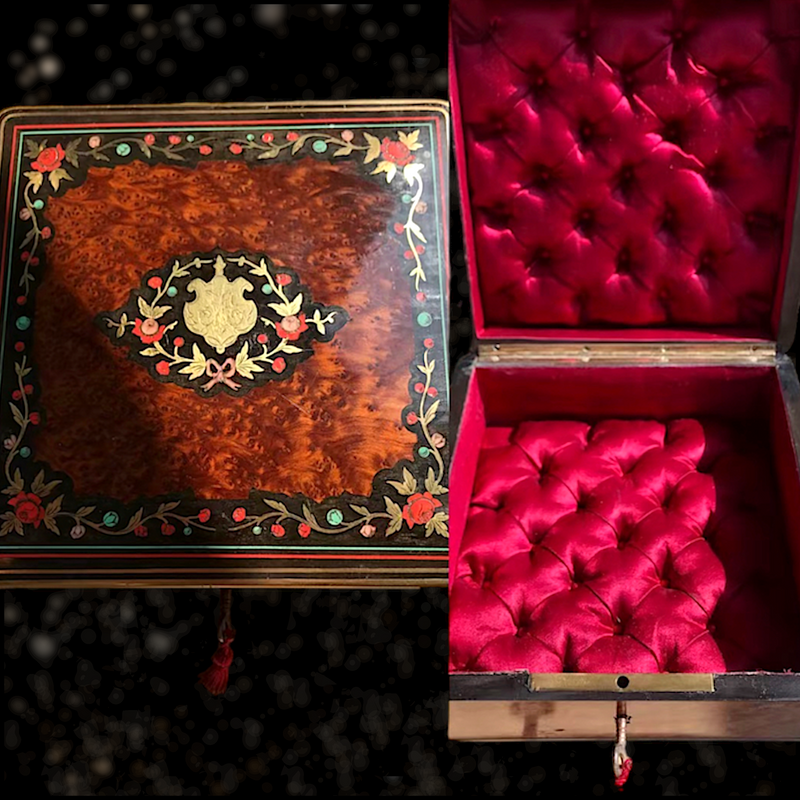 French Victorian Inlaid Roses & Bow Tufted Silk Box (Cherry Red)