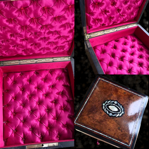 French Victorian Inlaid Mother Of Pearl Tufted Silk Box (Fuchsia Pink)