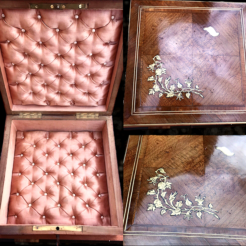 French Victorian Inlaid Tufted Silk Box (Baby Pink)