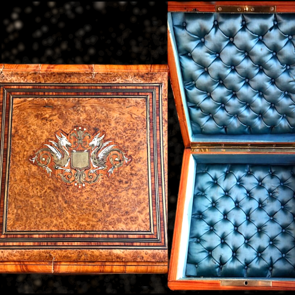 French Victorian Inlaid Dragon Tufted Silk Box (Sky Blue)