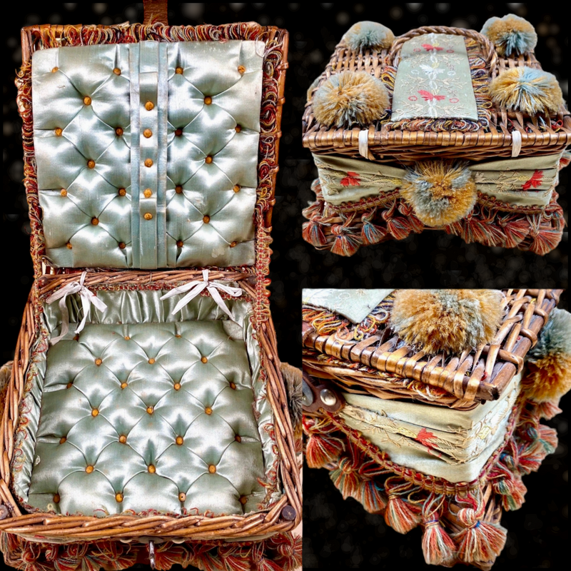 French Victorian Embroidered Silk Tufted Silk Box (Mint Green)