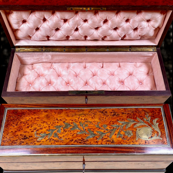 French Victorian Inlaid Tufted Silk Box (Baby Pink)