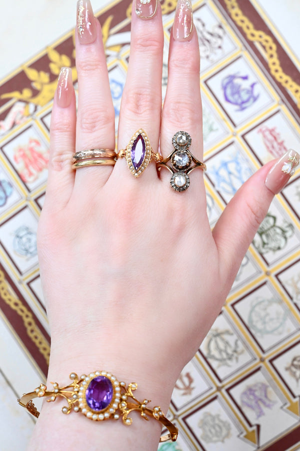 18K French Victorian Amethyst & Pearl Navette Ring