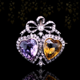 18K & Silver European Victorian Diamond, Amethyst & Citrine Crowned Double Heart Brooch-Pendant