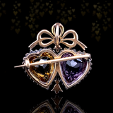 18K & Silver European Victorian Diamond, Amethyst & Citrine Crowned Double Heart Brooch-Pendant