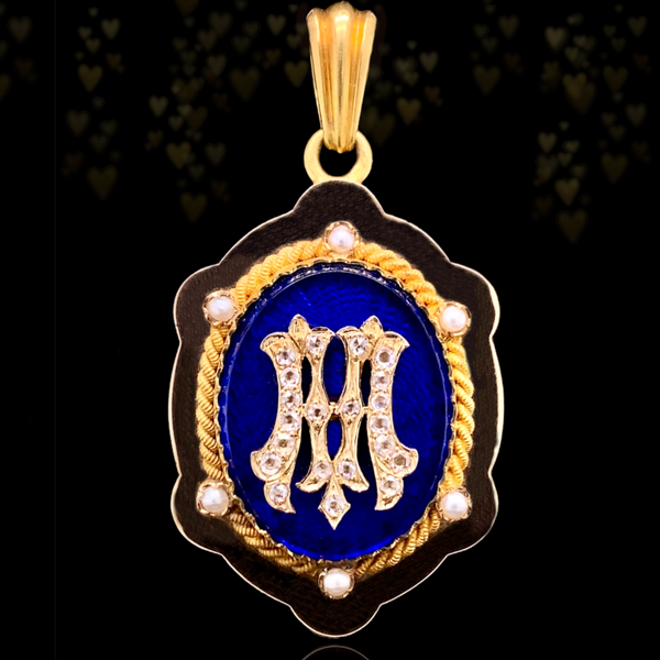 18K French Victorian Diamond & Bristol Blue Guilloche Initial M Locket