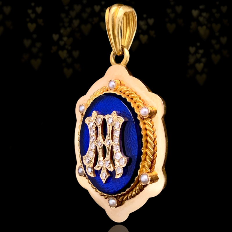 18K French Victorian Diamond & Bristol Blue Guilloche Initial M Locket