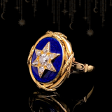 18K Italian Victorian Diamond Star & Blue Guilloche Enamel Ring