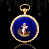 18K French Victorian Cherub & Dove Blue Guilloche Enamel Pearl Locket