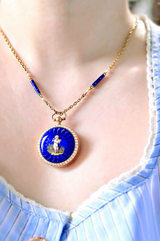 18K French Victorian Cherub & Dove Blue Guilloche Enamel Pearl Locket