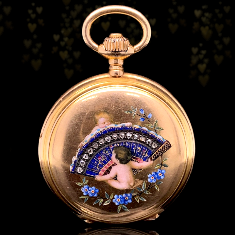 18K Swiss Victorian Longines Diamond Cherub & Fan Enamel Pocket Watch
