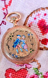 14K Victorian Portrait Lady & Gentleman Couple Enamel Pocket Watch