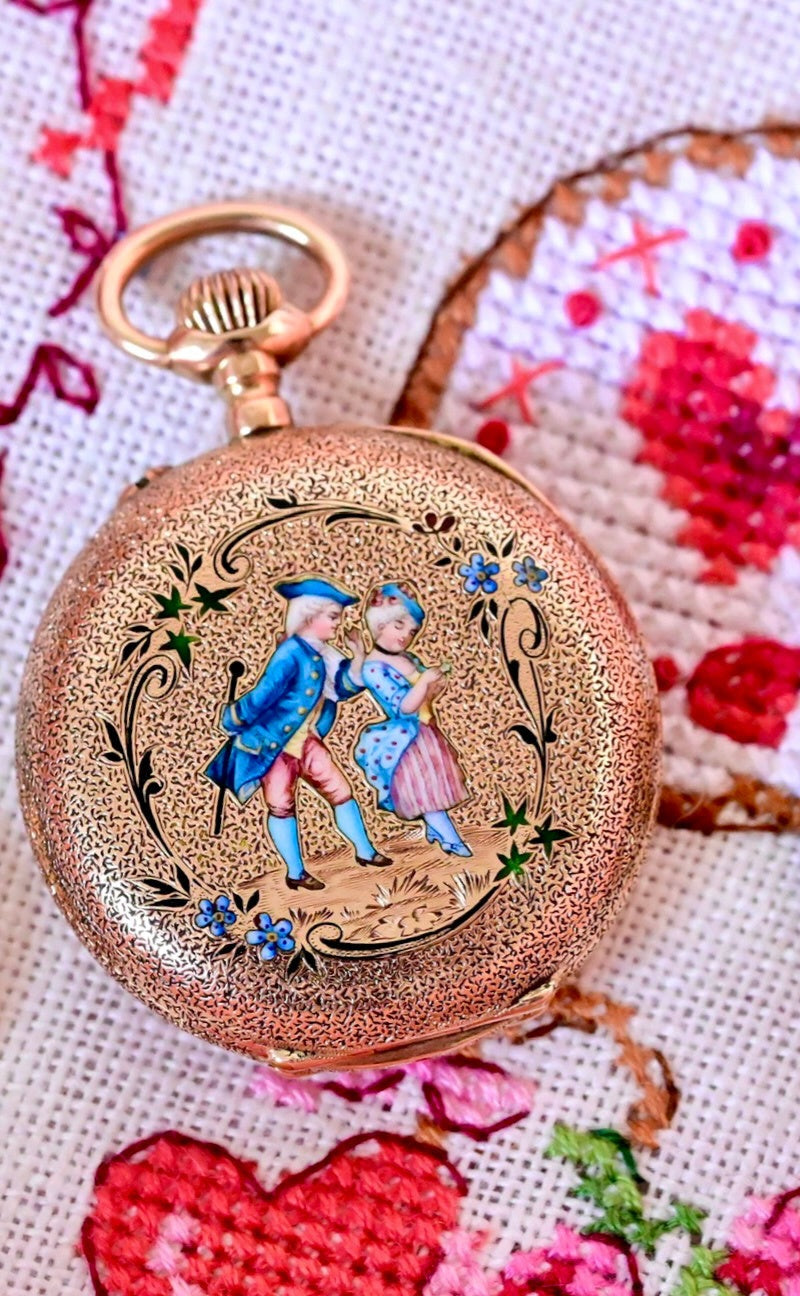 14K Victorian Portrait Lady & Gentleman Couple Enamel Pocket Watch