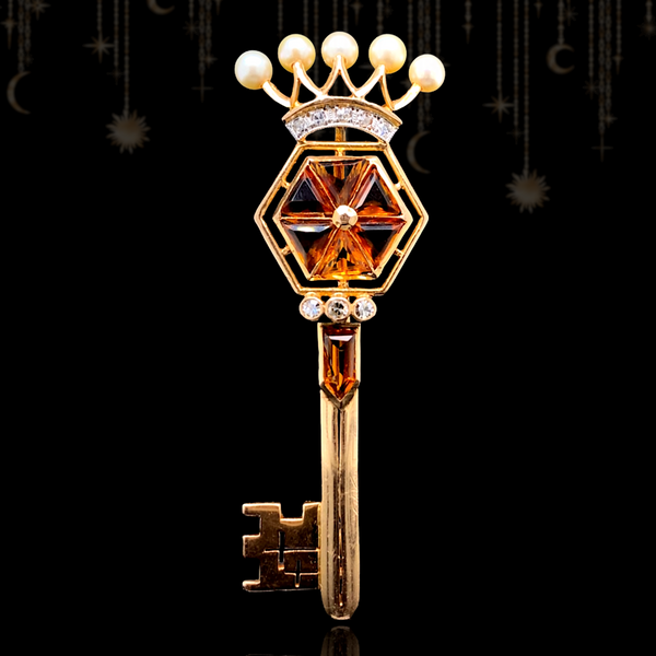 18K European Edwardian/Art Deco Diamond, Citrine & Pearl Crowned Key Brooch