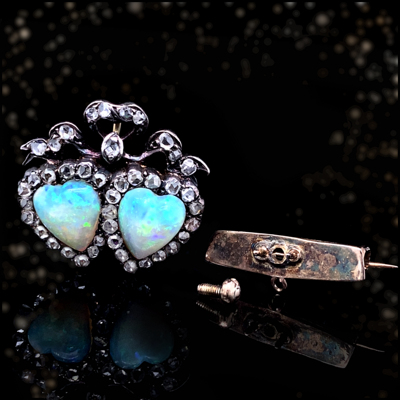 18K & Silver Victorian Diamond & Opal Crowned Double Heart Brooch-Pendant (With Detachable Brooch Pin)