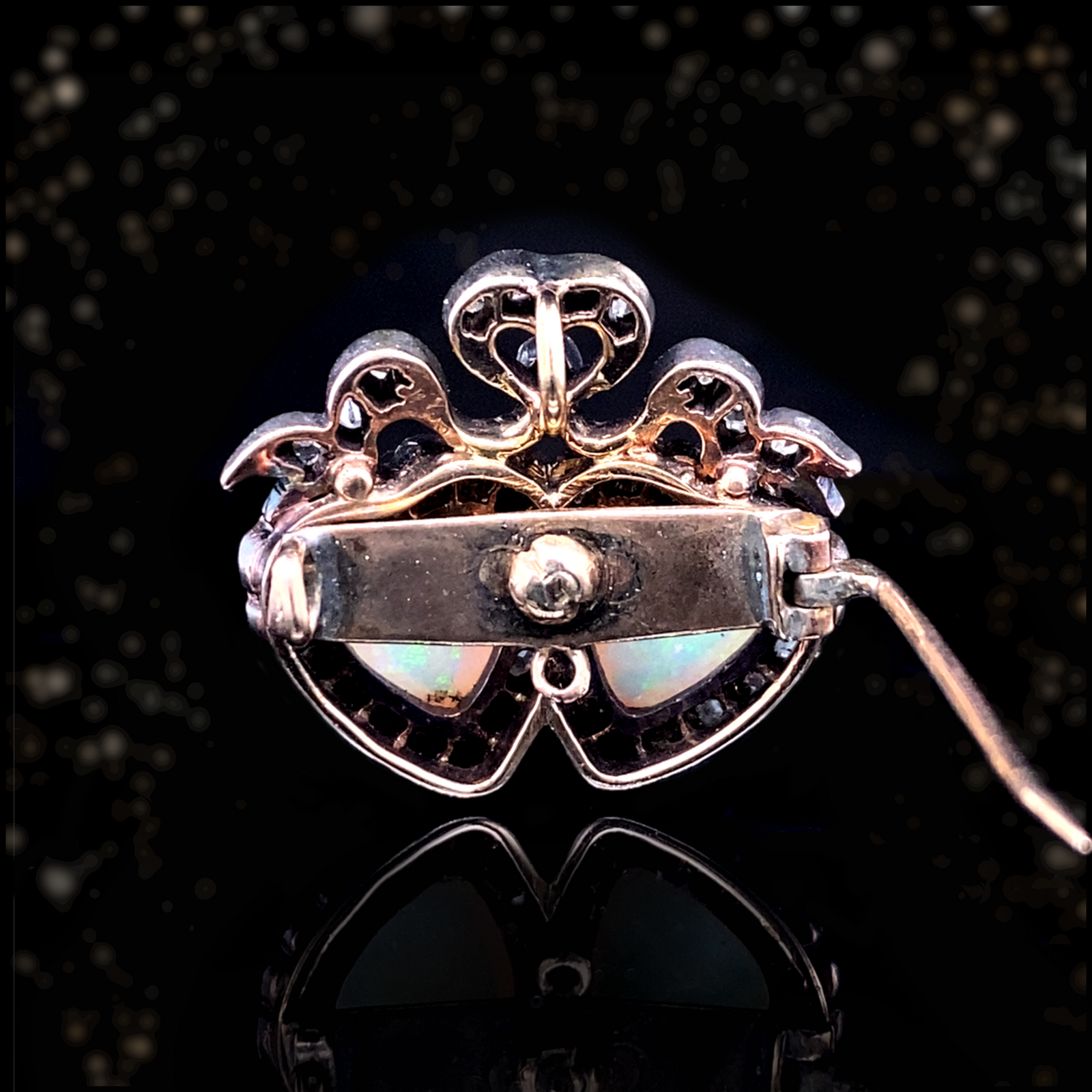 18K & Silver Victorian Diamond & Opal Crowned Double Heart Brooch