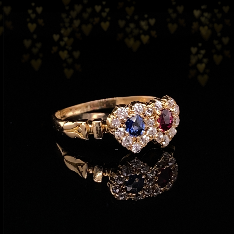 18K English Victorian Diamond, Sapphire & Ruby Double Heart Ring