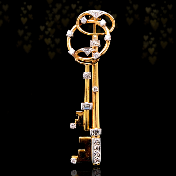 18K European Edwardian/Art Deco Diamond Double Key Brooch